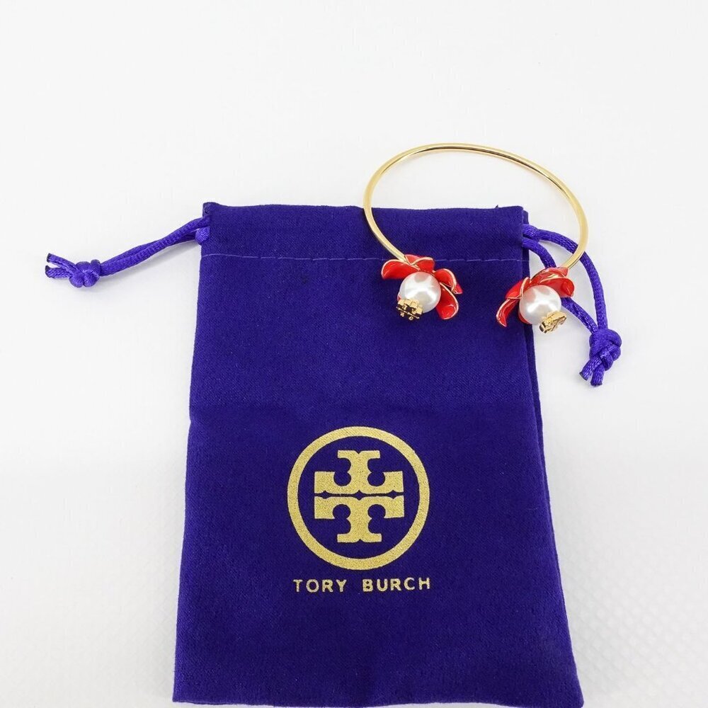 Tory Burch Golden and Red Flower Pearls Bracelet Red OS - Picture 11 of 12